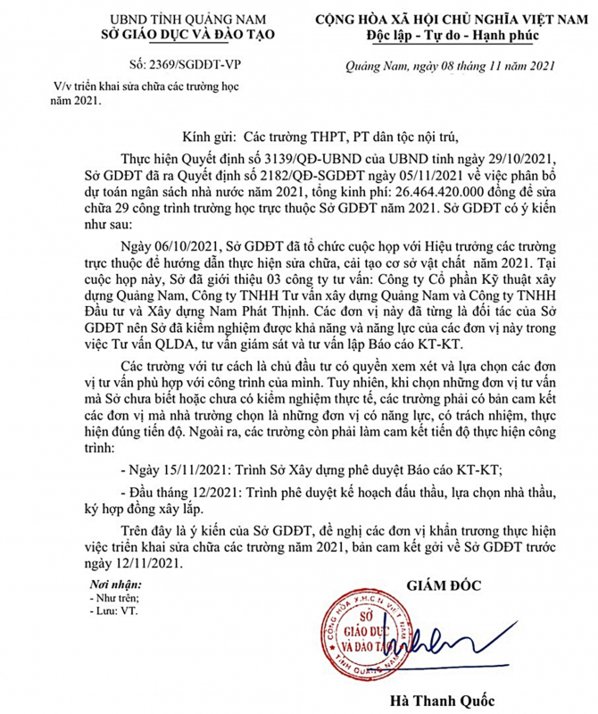 Chủ tịch tỉnh Quảng Nam lên tiếng về việc Sở GD&amp;ĐT “giới thiệu” công ty tư vấn sửa chữa trường học -0