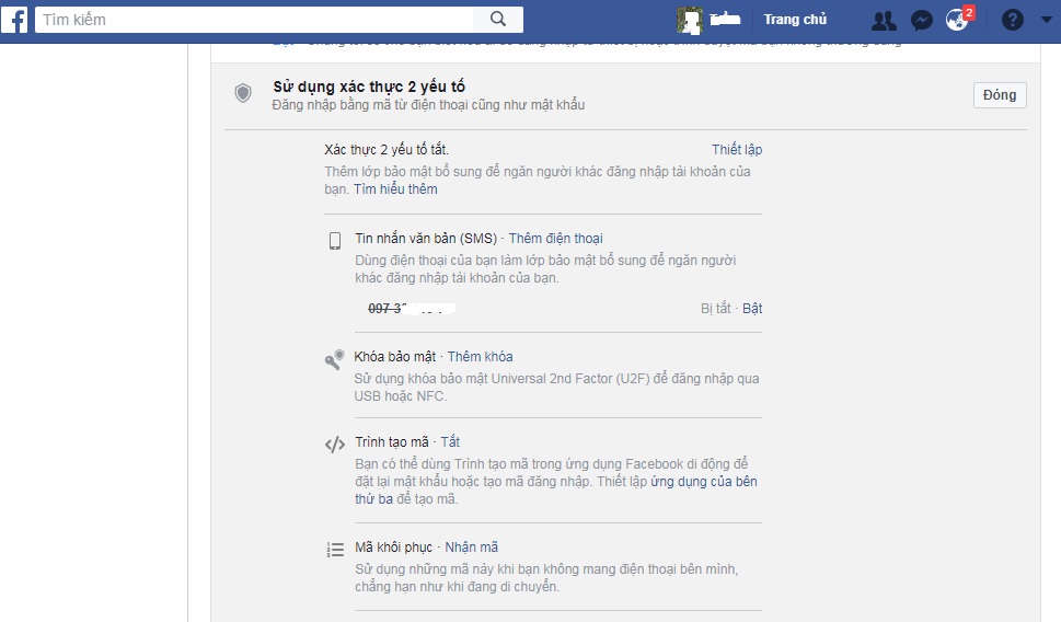 huong dan cach bao mat 2 lop tren facebook ca nhan