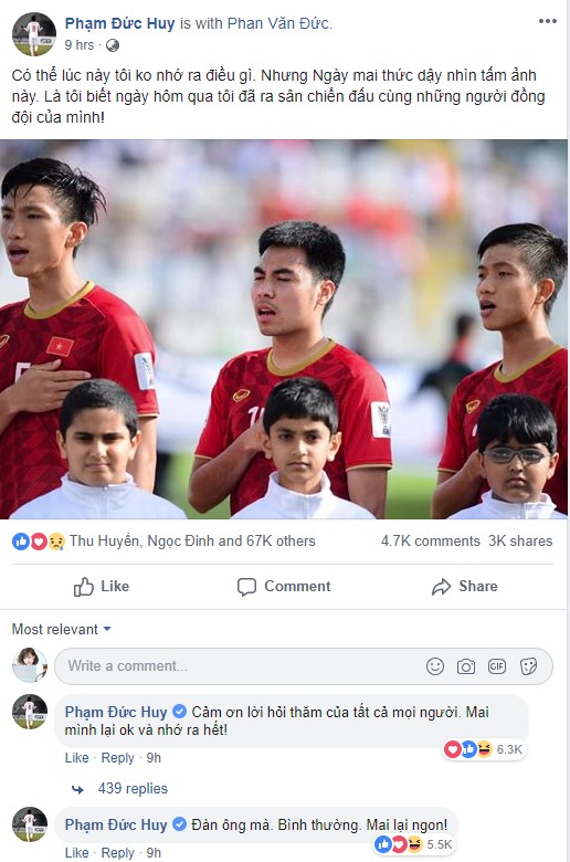 asian cup 2019 duc huy chia se tren facebook sau khi bi mat tri nho tam thoi