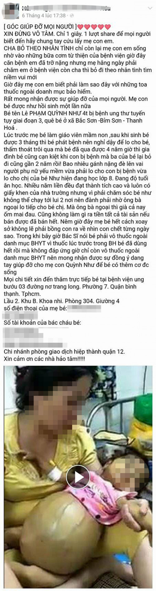 be gai ung thu tuy da mat 3 thang van bi ke xau dang anh keu goi manh thuong quan giup do gay phan no