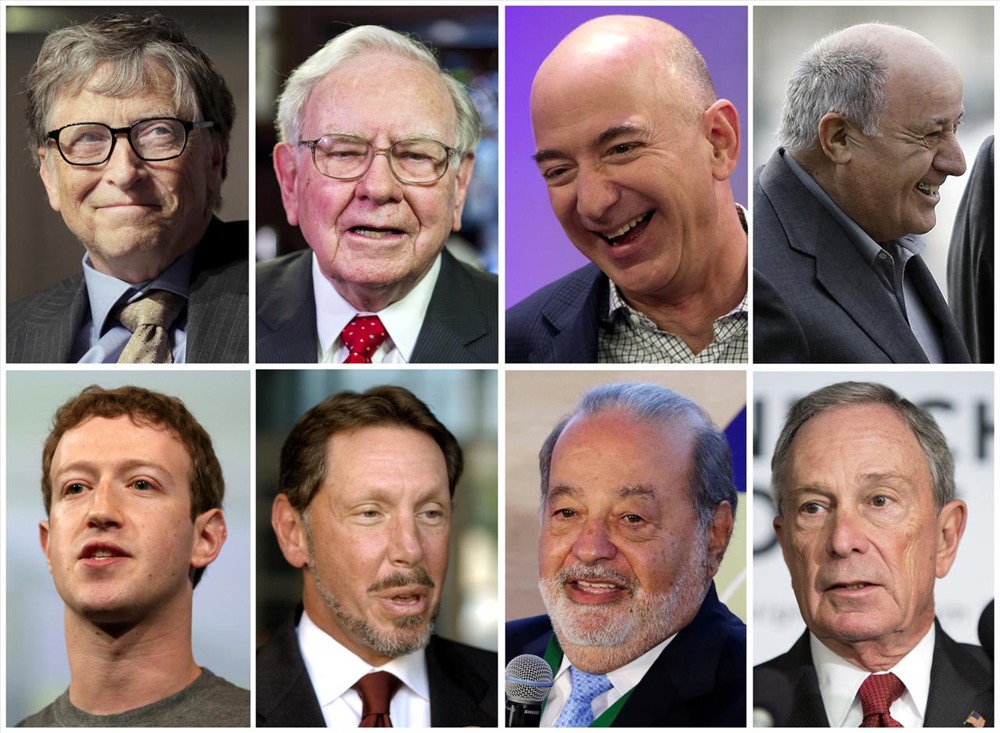 Từ trái qua phải: Bill Gates, Warren Buffett, Jeff Bezos, Amancio Ortega, Mark Zuckerberg, Larry Ellison, Carlos Slim và Michael Bloomberg nằm trong số những người giàu nhất thế giới. Ảnh: Reuters