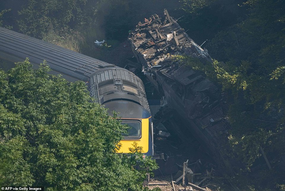 Hiện trường vụ tai nạn tàu hỏa trật bánh khiến 3 người thiệt mạng ở miền đông Scotland. Ảnh: Daily Mail