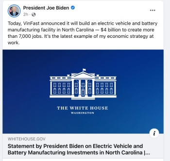 Facebook của Tổng thống Biden chào đón Vinfast đầu tư nhà máy xe điện ở Mỹ