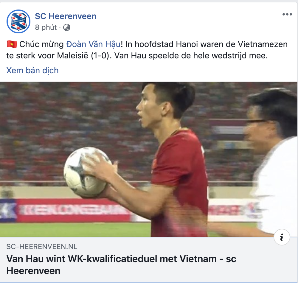 sc heerenveen chuc mung van hau chien thang cung doi tuyen viet nam