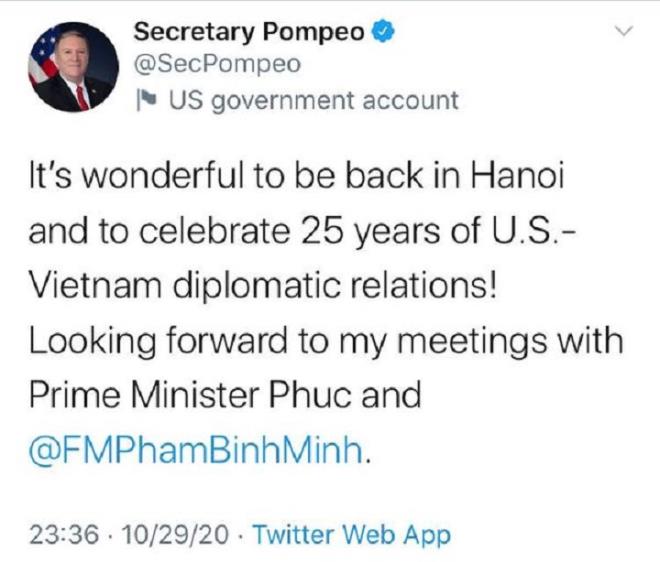Ngoại trưởng Mỹ Mike Pompeo: Thật tuyệt vời khi được quay lại Hà Nội - 1