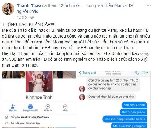 me ca si thanh thao bi hack facebook lua fan 100 trieu dong