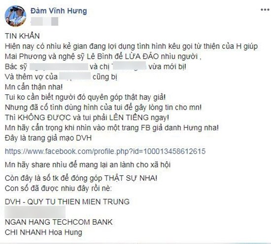 dam vinh hung ve tan nha ke gia mao facebook de lua tien ung ho mai phuong