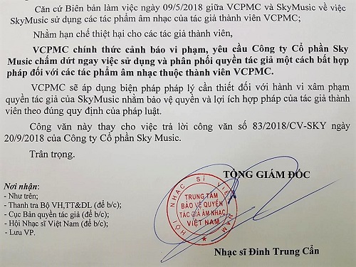 vcpmc yeu cau sky music cham dut su dung quyen tac gia am nhac ba t ho p pha p